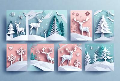 The primary subject of the image is a series of six snowy scenes featuring deer and pine trees. The deer are depicted in various positions and sizes, with some standing and others sitting. The pine trees are scattered throughout the scenes, adding to the wintry atmosphere. The visual style of the image is a combination of digital art and illustration, creating a realistic and detailed representation of the winter landscape. The colors and mood of the image are predominantly white and cold, reflecting the snowy environment and the